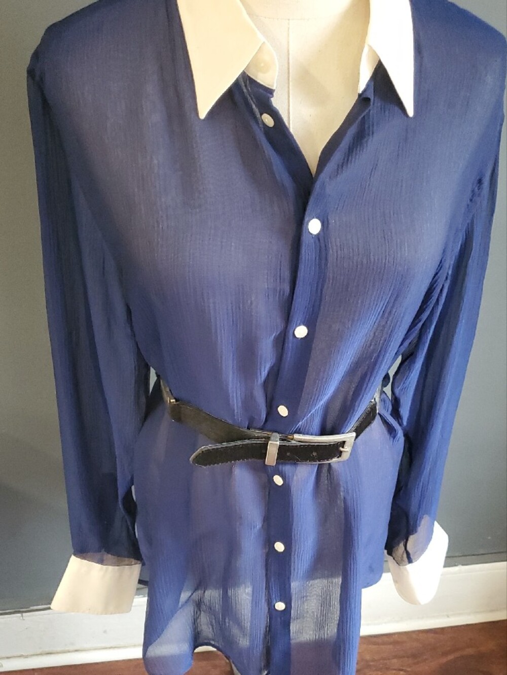 Thomas Pink Navy Sheer Dress Shirt with White Contrast Collar - Picture 11 of 17